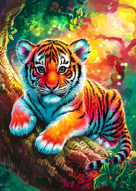 Colorful Tiger Cub in a Dreamy Jungle
