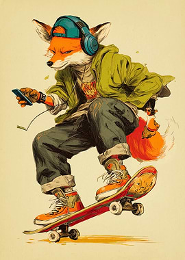 Skateboarding Fox with Headphones