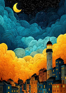 Night Cityscape with Moon and Clouds