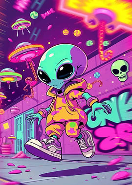 Alien in Hoodie with UFOs