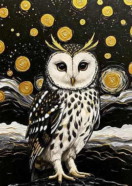 Elegant Owl in Starry Night Painting