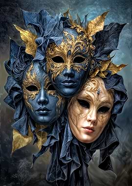 Three Venetian Masks with Gold Details