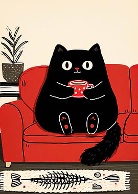 Cartoon Cat Relaxing with Coffee