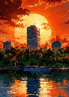 Tropical Cityscape at Sunset