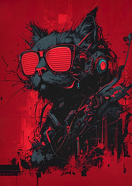 Cyberpunk Cat with Red Glasses