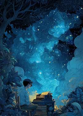 Writer under starry night sky