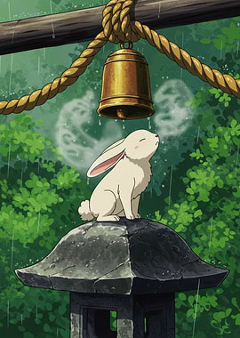 Rabbit under bell in the rain