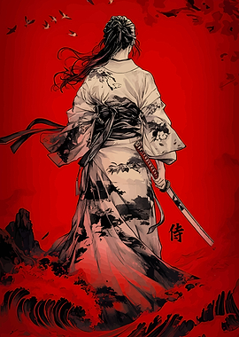 Samurai Woman in Kimono with Katana