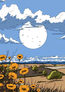 Poppy Field Landscape with Birds