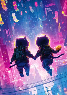 Astronaut Cats Holding Hands in Cityscape