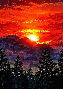 Fiery Sunset Over Forest