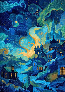 Whimsical Night Village in Swirling Colors