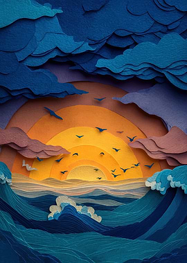 Papercut Ocean Sunset with Birds