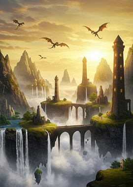 Fantasy Landscape with Dragons and Towers
