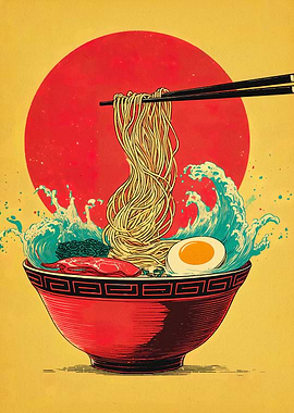 Ramen Bowl with Waves and Sun