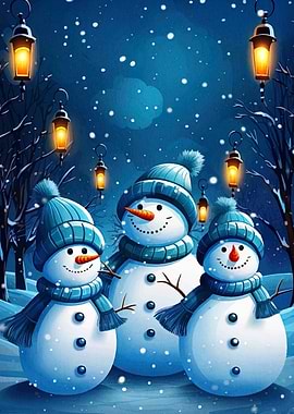 Three Snowmen in Winter Night Scene