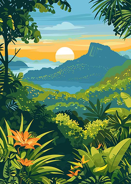 Tropical Landscape with Mountain and Sunset