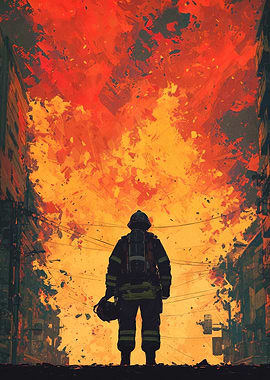 Firefighter in Burning Cityscape