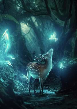 Deer and Glowing Birds in Forest