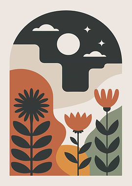 Abstract Floral Landscape with Night Sky