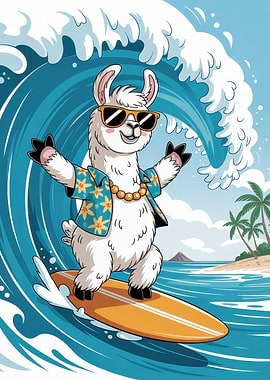 Surfing Llama Cartoon