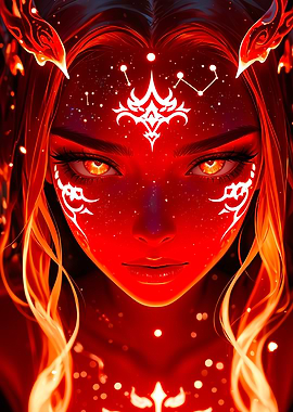 Fiery Red Demon Woman Portrait