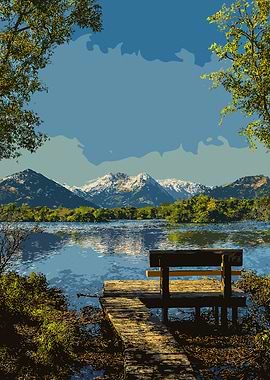 Lake view with bench and mountains