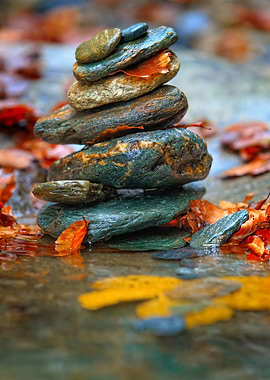 Stacked Stones with Autumn Leaves