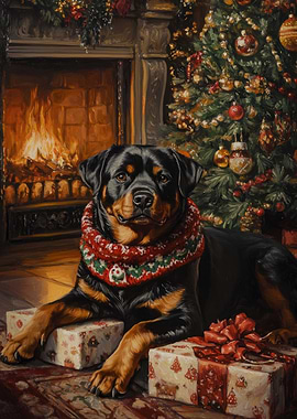 Rottweiler Christmas Portrait | Christmas Tree Dog Print