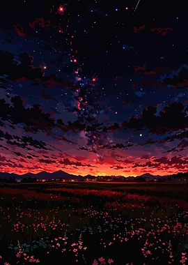 Night Sky Landscape with Flowers