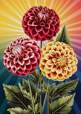 Three Dahlia Flowers with Sunburst Background