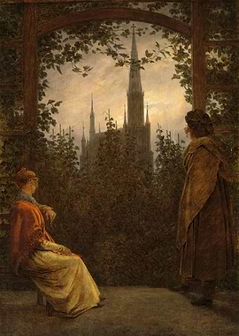 Two Figures Gazing at Distant Cathedral, caspar david friedrich painting