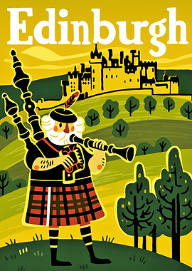 Edinburgh Travel Poster with Bagpiper