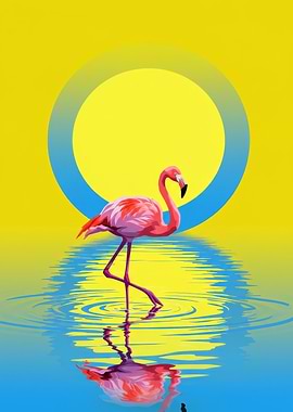 Flamingo in Water with Yellow Background