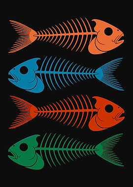 Colorful Fish Skeletons on Black Background