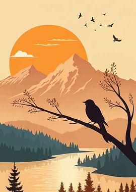 Bird on Branch at Sunset Landscape