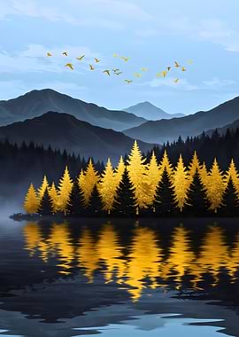 Golden Trees Reflecting in Lake