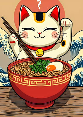 Maneki Neko with Ramen Bowl, japanese food Kitty Kitten Love Ramen Noodle Retro
