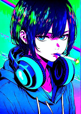 Neon Rebel Anime Girl with Headphones Smoking