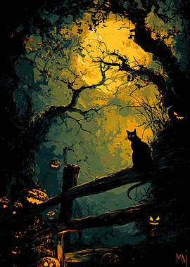 Halloween Night Cat and Pumpkins