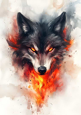 Fiery Wolf Watercolor Portrait