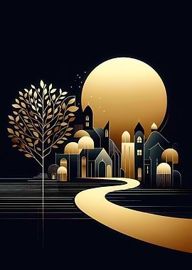 Golden Cityscape with Tree and Moon
