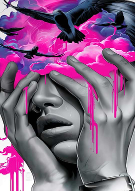 Distressed Woman with Birds and Pink