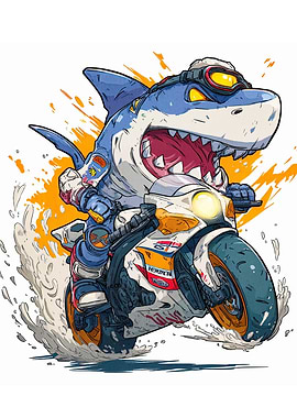 Shark Rider on Motorcycle Cartoon