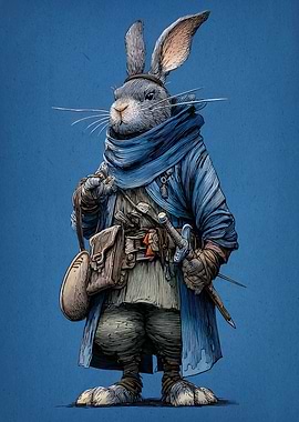 Anthropomorphic Rabbit Warrior on Blue Background