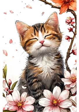 Smiling Kitten with Flowers