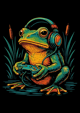 Frog Gamer with Headphones and Controller