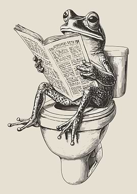 Frog Reading Newspaper on Toilet