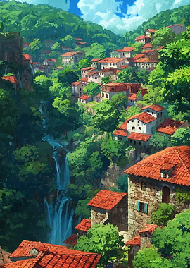 Anime Village Landscape with Waterfall