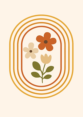 Retro Floral Illustration with Rounded Frame